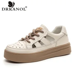 DRKANOL Women Flat Platform Shoes 2024 Summer Genuine Leather Hollow Out Breathable Lace-Up Casual Sneakers Ladies Board Shoes