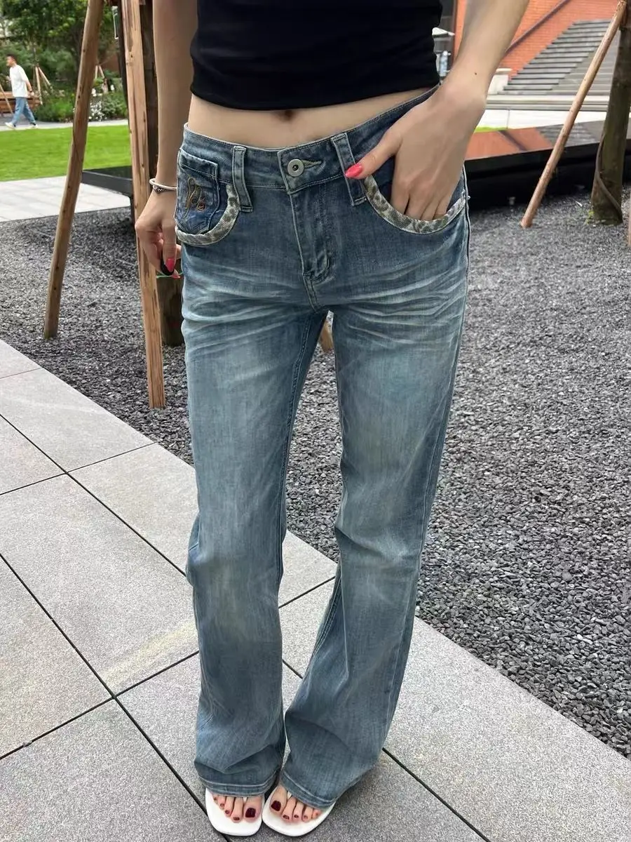 Y2K American Retro Leopard Print Spliced Washed Denim Jeans Women Design Sense Versatile Straight Leg Slim Fit Pants