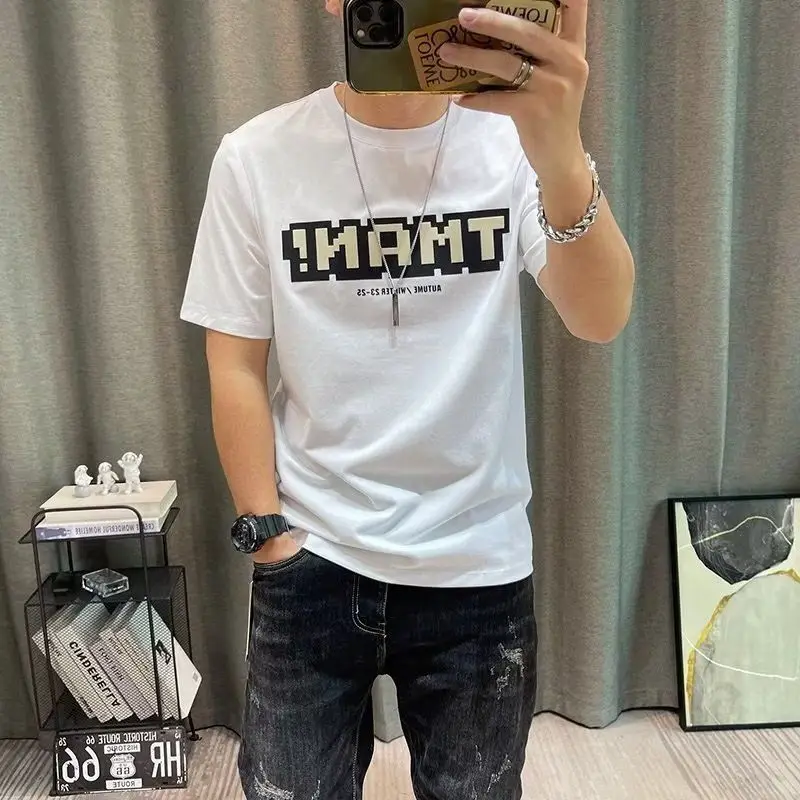 تي شيرت رجالي ضيق بنصف كم أخضر ، قمم قطنية كاجوال برسومات ، قميص مطبوع بحروف ، تيشيرتات عصرية للشباب ، صيف ، جديد ،