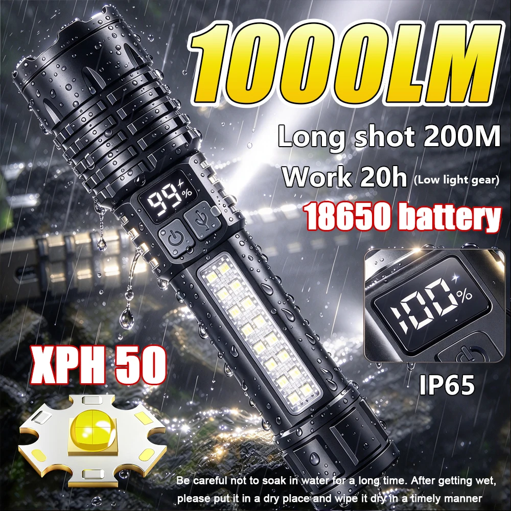 2026 New Winter Product IP65 flashlight 18650 Work 20 Hours 1000LM XHP50 Outdoor Lighting For Rainy Day Halloween Christmas gifs