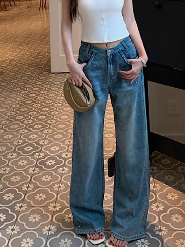 

Y2K Women Hot Stamp Jeans American Retro Woven Pocket Summer Casual Versatile Trendy Wide Leg Trousers