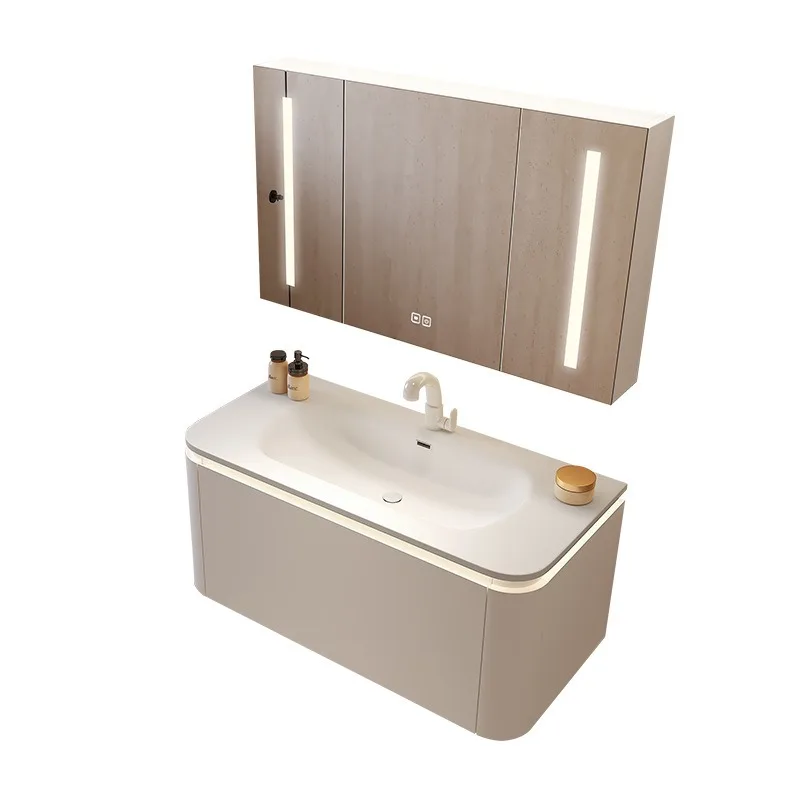 

Чувство кожи Corian, встроенная раковина, комбинация шкафа для ванной комнаты, современный простой дубовый умывальник для рук
