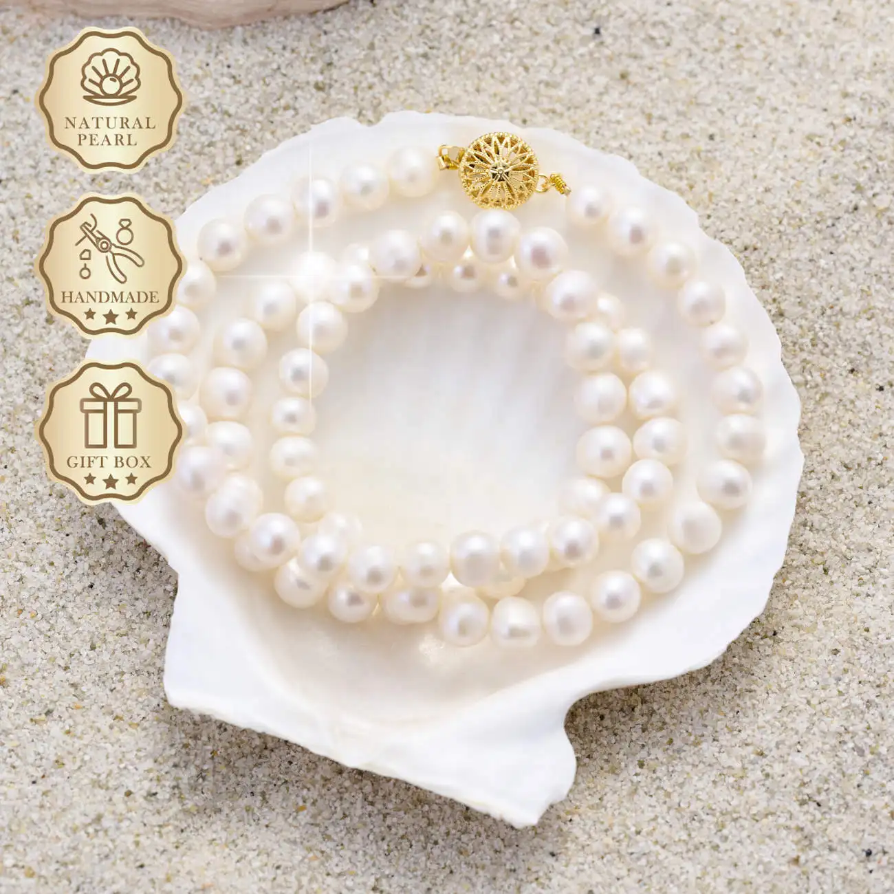 

MYSOYA White Twisted Freshwater Pearl Necklace 8–9mm with Gold Sunflower Clasp, Gift Box, Birthday & Anniversary Gift