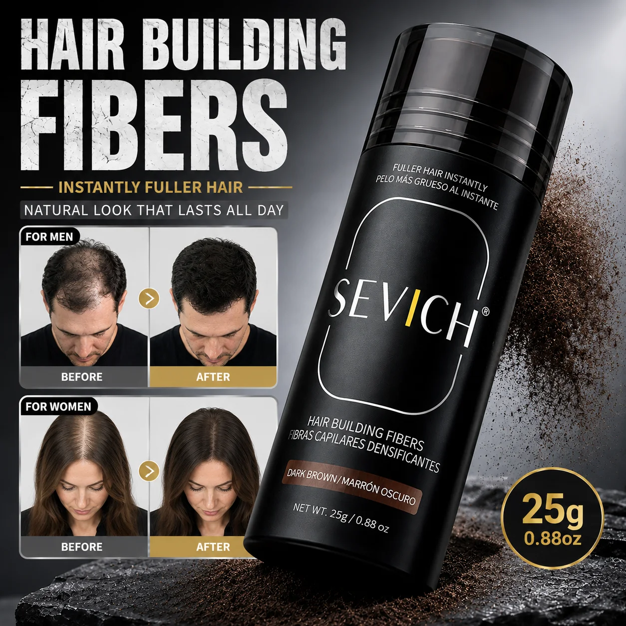 Sevich 25g Hair Building Fibers Powder Hair Loss Products Bald Extension Thicken Hair Spray Jar Keratin