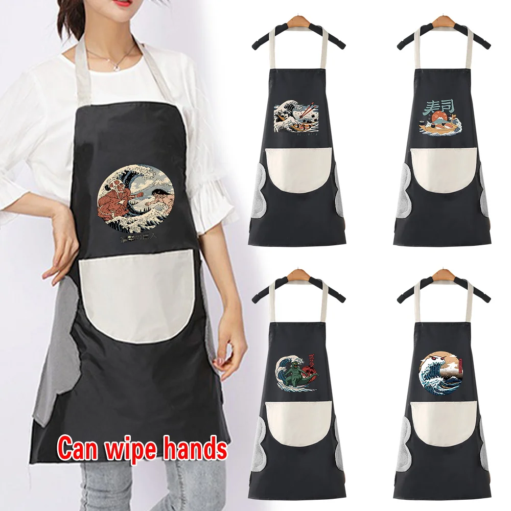 Waterproof Kitchen Apron Household Oil Resistant Work Apron Print Wave Pattern Black Dirt-Proof Cleaning Aprons with Pockets