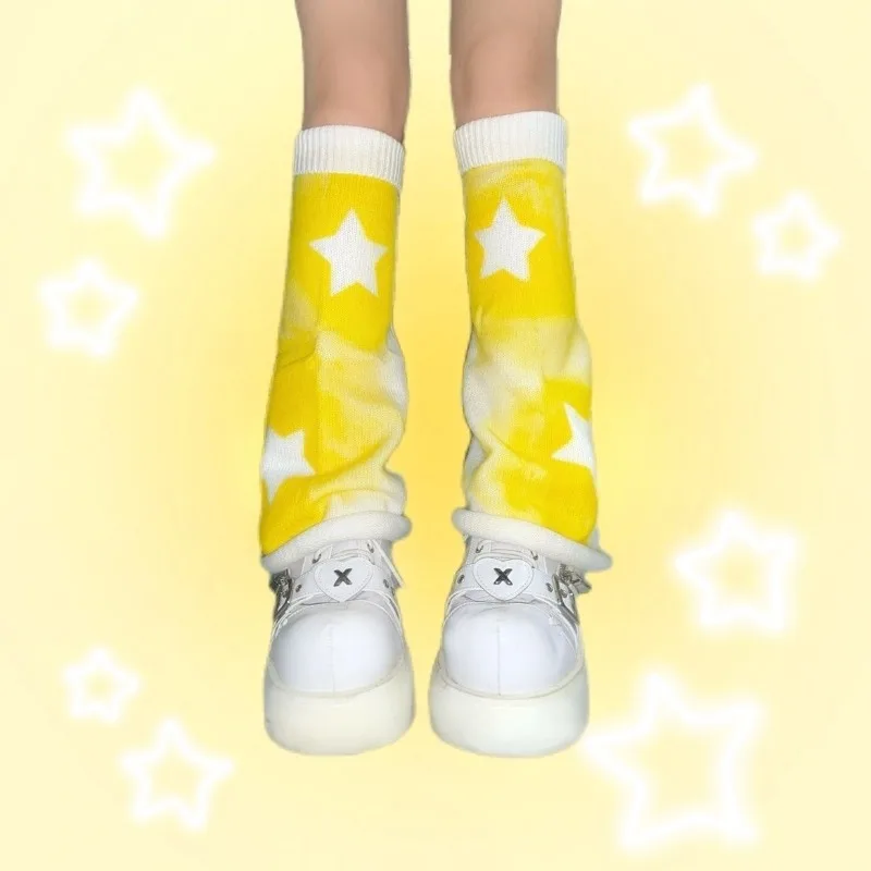 Japanese Girls Streetwear Fashion Kawaii Women Leg COS Socks Y2k Harajuku Yellow Star Knitted Leg Cover