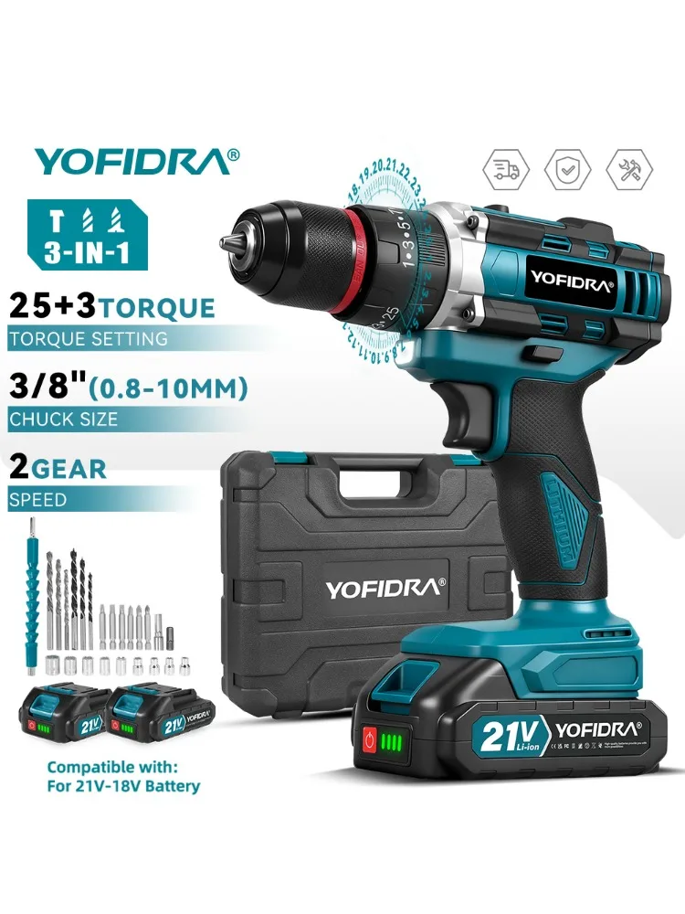 Wiertarka udarowa elektryczna YOFIDRA 3w1, 25+3 ustawień momentu obrotowego, ręczna wiertarka udarowa akumulatorowa, narzędzie do obróbki drewna, kompatybilna z akumulatorami Makita 21V. — 2