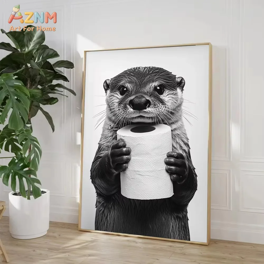 1PC, Highland Cow Otter Cat Raccoon with Toilet Paper Poster Print Canvas Painting Bathroom Wall Art Funny Humor Home Decor view 5