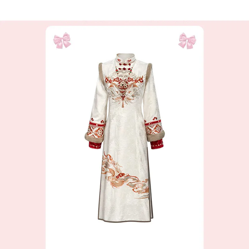 

Red OERALCIS Dragon Year New Year's Dr Fake Two-Piece Winter Long-Sve High-Waisted A-Line Skirt Commute Sle Dr