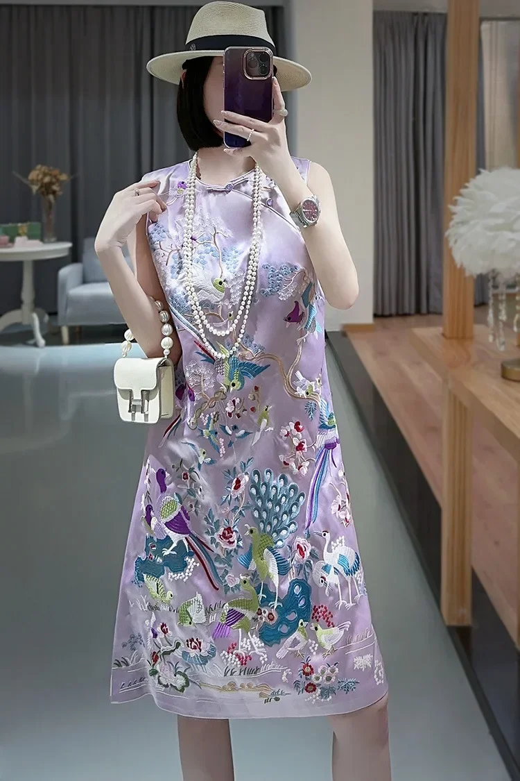 

2023 Summer New Chinese Style Lady Birds Facing The Phoenix Embroidered Acetic Acid Fabric O-Neck Card Shoulder Dress S-XXL