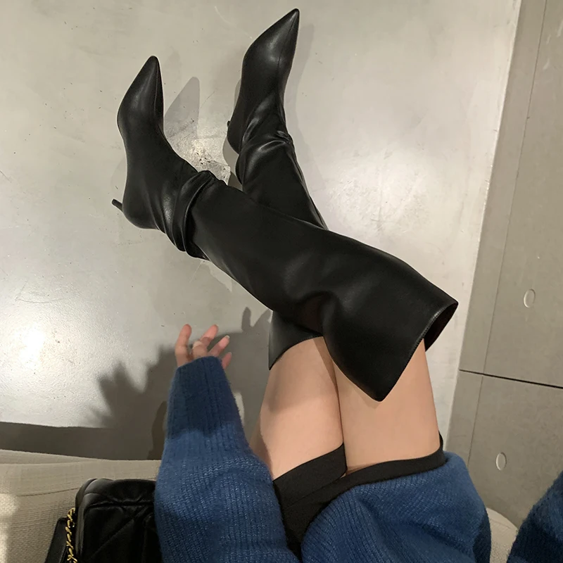 MORAZORA 2024 New Genuine Leather Boots Women High Heels Over The Knee Boots Fashion Pleated Pointed Toe Sexy Long Thigh Boots