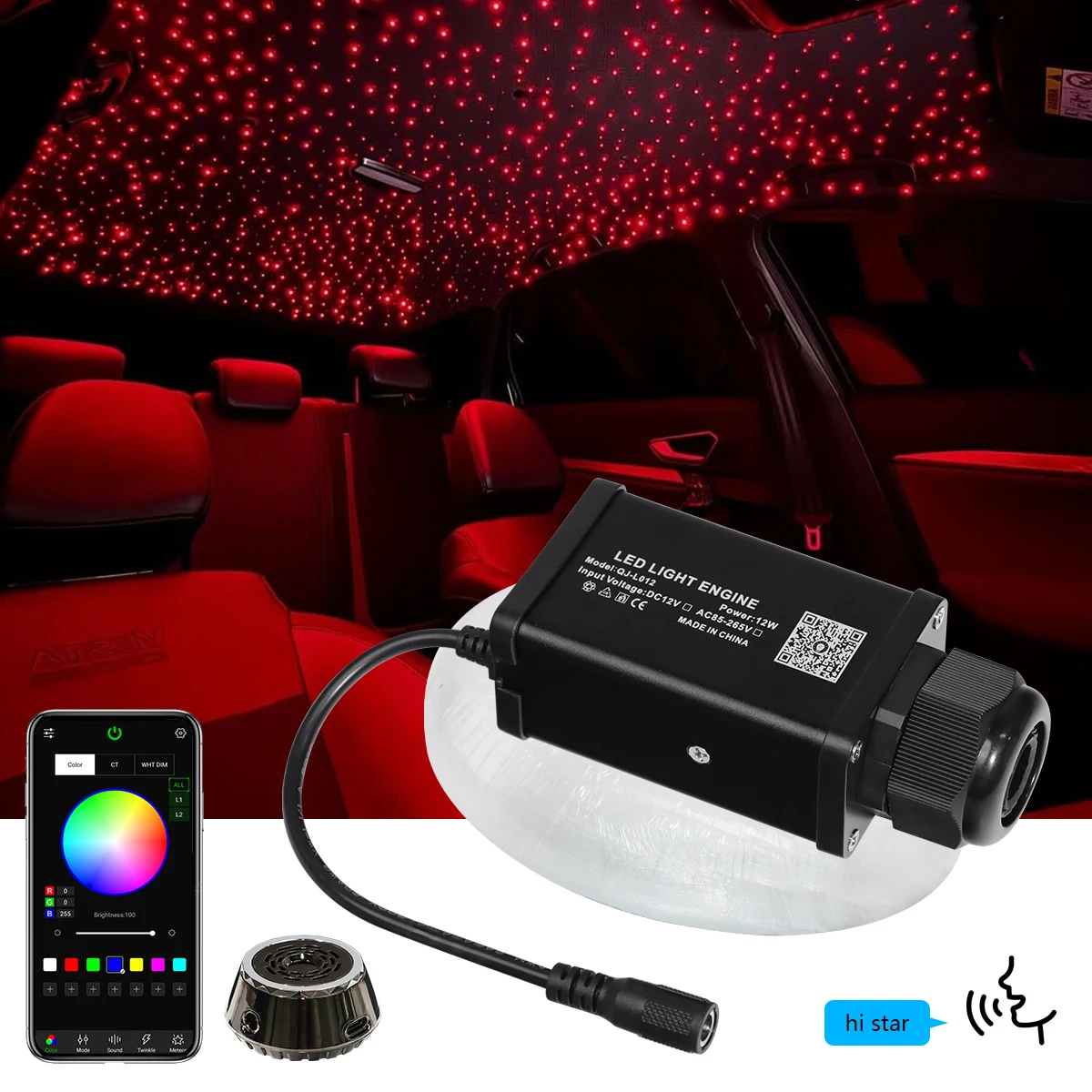 

12W Sound Activated Starlight Headliner Kit Fiber Optic Starlight Light Music Remote App Control Car Use Home Star Ceiling Light