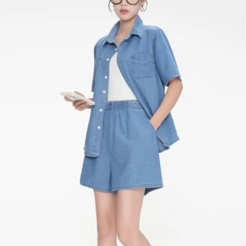 

Fashionable Women's Denim Two Piece Set Summer Thin Short Sleeve Shirt Jacket Elastic High Waist Shorts Flattering