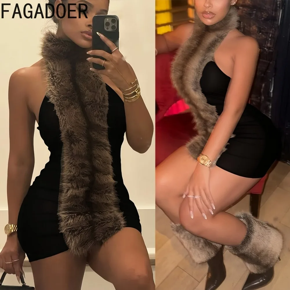 

FAGADOER Sexy Fur Patchwork Bodycon Dresses Woman Solid Color Halter Sleeveless Backless Dress Female Party Clubwear Vestidos