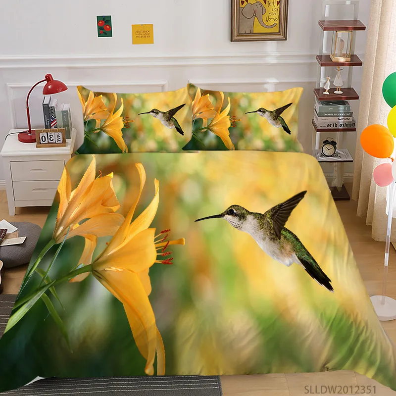 Hummingbird Duvet Cover Set King/Queen Size Small And Cute Tropical Bird Yellow Flower Green Leaves Polyester  Bedding Set Women