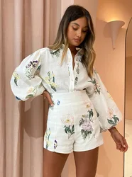 GIOIO Flax floral print sets for women,Casual lapel single breasted lantern long sleeve blouse top,High waist short