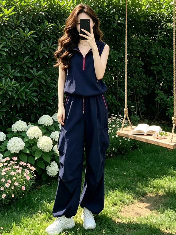 Conjunto Casual Holgado de Dos Piezas para Mujer, Estilo Veraniego, Sudadera con Capucha y Pantalones Anchos, Look Deportivo Cómodo y Relajado