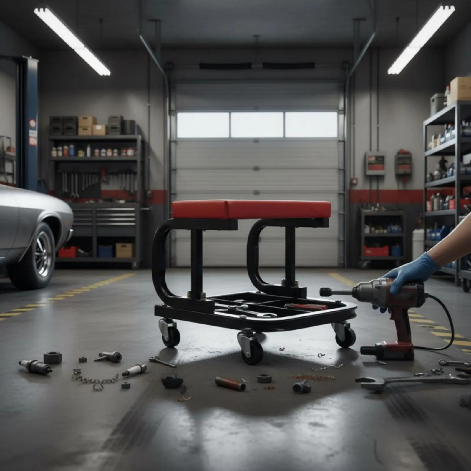 Rolling Garage Stool with Tool Tray 360-Degree Rotate Casters Padded Mechanic Rolling Seat for Auto Repair, Workshop