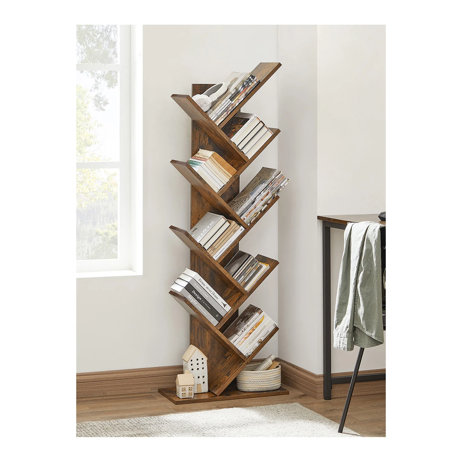 VASAGLE Tree Bookshelf, 9-Tier Corner Bookcase, Wooden Shelves for Bedroom, Living Room, Home Office