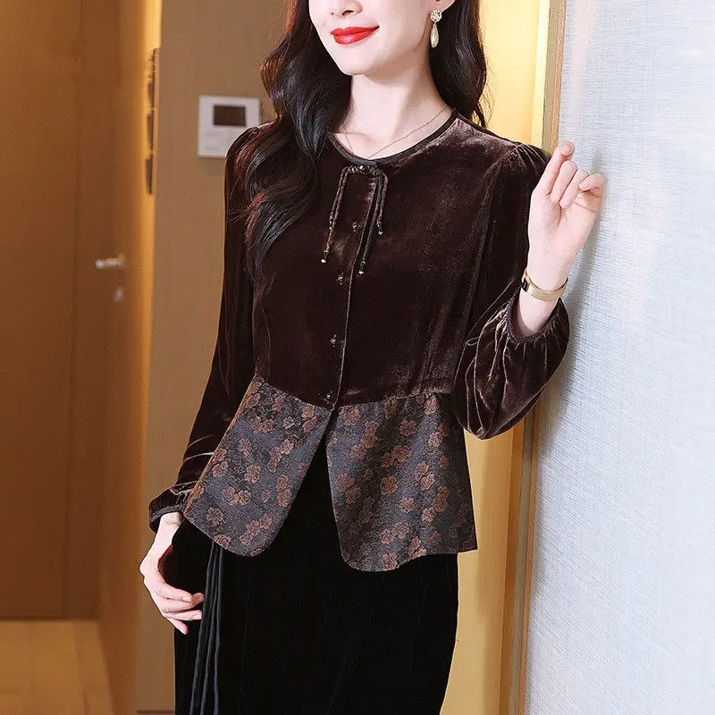 Retro New Chinese Gold Velvet Top Women's Shirt Coffee Round Neck Long Sleeve Slim Fit Cardigan