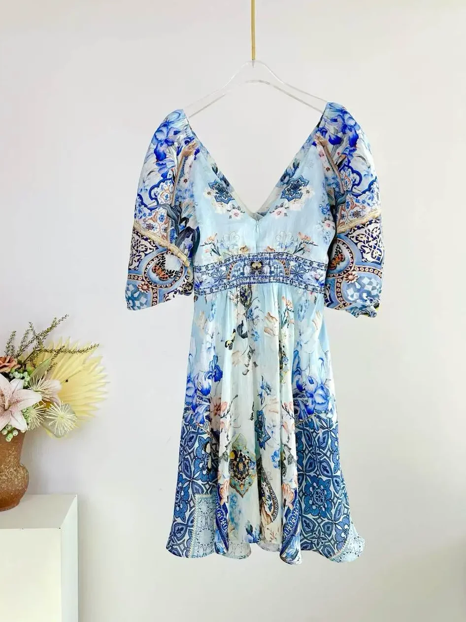 Bloemenprint Dames Zijden Linnen Mini-jurk Zware Kralen Kruis V-hals Bladerdeeg Mouw Hoge Taille Mode Dames Korte Gewaad