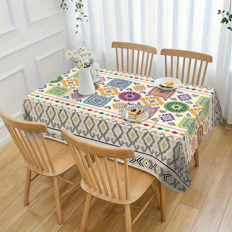 A Bohemian Style Tablecloth, Featuring a Colorful Floral Print in a Rectangular Shape, Made with Fabric, Suitable for Both Indoor And Outdoor Use, Perfect for Picnics, Festive Parties, Restaurants, Kitchen Decor, Birthday Celebrations