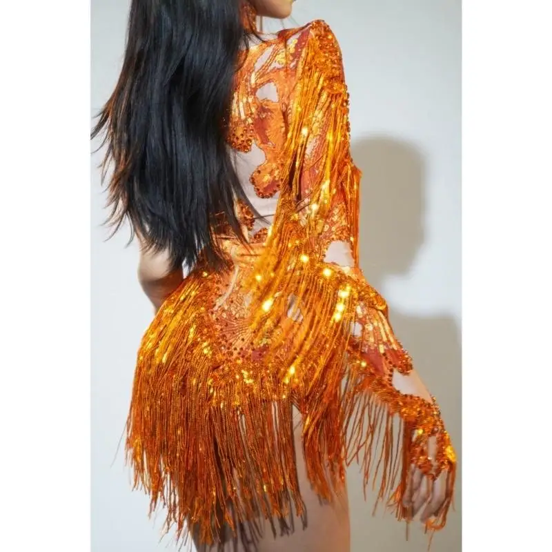 39BD Quasten Skinny Leotard Raves Festival Outfits Latin Dance Kostüm Fransen Bodysuit – Detail 10