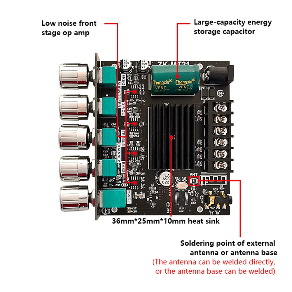 ZK-MT21 2x50W+100W 2.1 Channel BT5.0 AUX Digital Power Subwoofer Amplifier Board