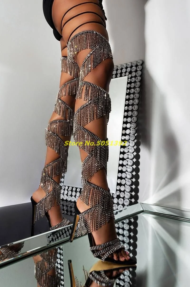 Tassel Diamond Stiletto Sandals Lace Up Cut Out Runway Fashion Women Sandals Thigh High Sexy Lace-up Cords Strappy Rome Shoes