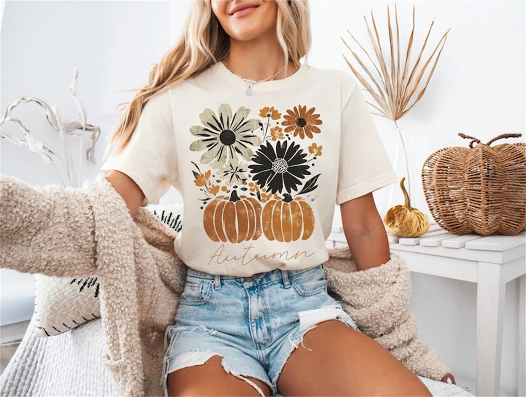 

Casual T-Shirt Pumpkin Pattern 90s Short Sleeve Clothing Women's Regular Round Neck Cartoon Style Thanksgiving White T-Shirt