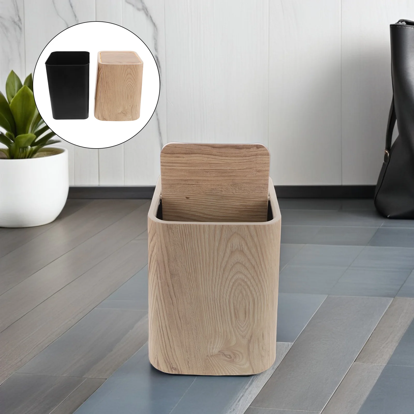 

8.5L Imitation Wood Grain Garbage Can Modern Vintage Look Space Saving for Kitchen Dorm Toilet Countertop Use Waste Bin Wood