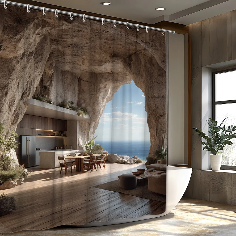 

Cave and Ocean View Shower Curtain 3D Printed Bathroom Decor Nature Inspired Home Fashion Design Trend
