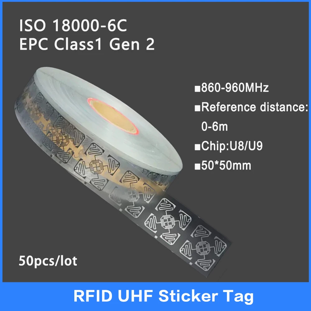 50PCS UHF RFID Dry Inlay Tag 18000-6C 860-960MHz RFID UHF Sticker Label  U8/U9 Chip Electronic label 915 MHz High Quality