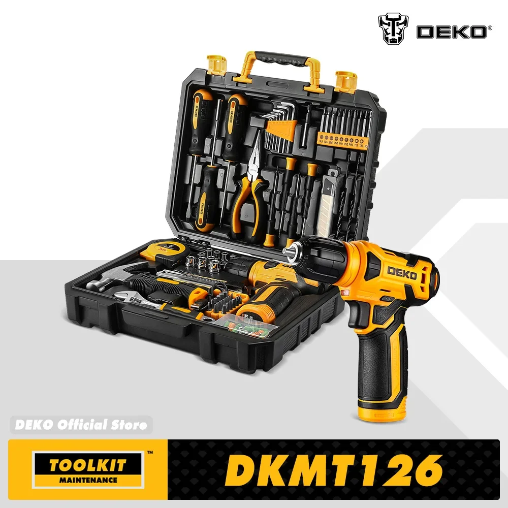 DEKO 126Pcs Power Tool Combo Kits with 8V Cordless Drill,10MM 3/8'' Keyless Chuck,Professional Home Household DIY Hand Tool Kits