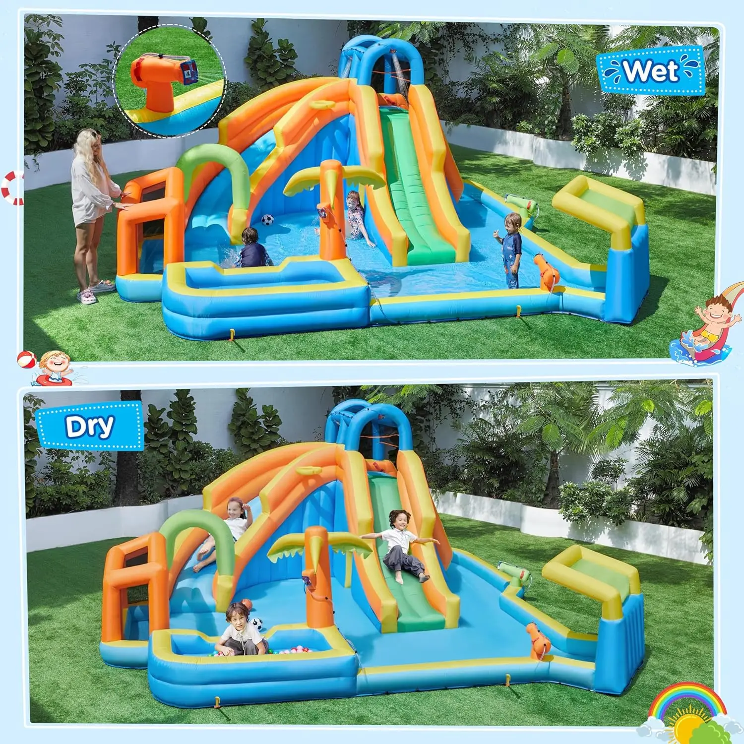 11-in-1 Outdoor Inflatable Water Slide with Two Long Slides, Large Climbing Wall, Small Deeper Pool, and Shade Canopy, Includes Storage Bag and 950W Blower