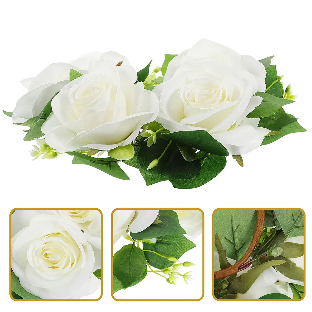

2Pcs Artificial Rose Wreath Wedding Decor Faux Floral Tabletop Ornament Artificial Flower Ring Table Wreath