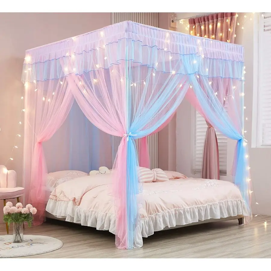 

Rainbow Canopy Bed Curtains with Lights Princess Bed Canopy for Girls Bed Drapes Netting Bedroom Decoration Accessories,Full