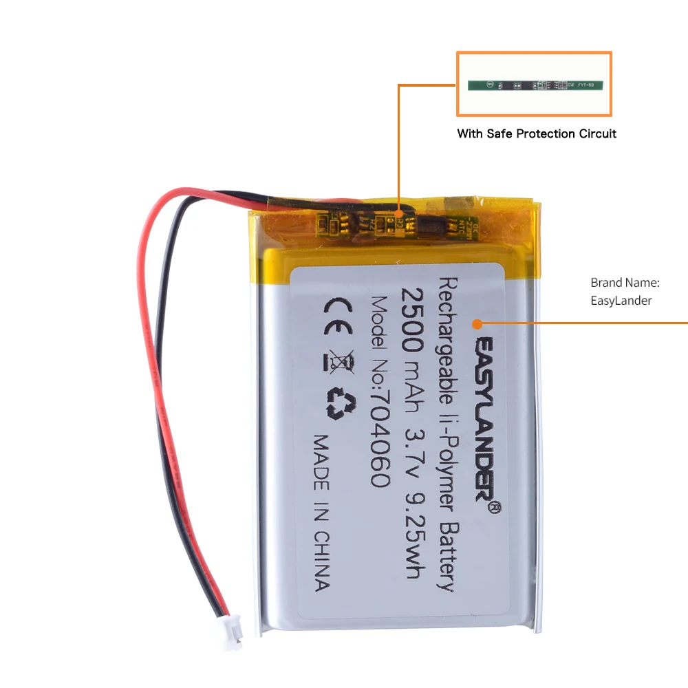 JST1.5mm 2Pin 3.7V 2500mAh 704060 Rechargeable Polymer Lithium Ion (Li-ion) Battery for MP3 Players Navigators Speakers