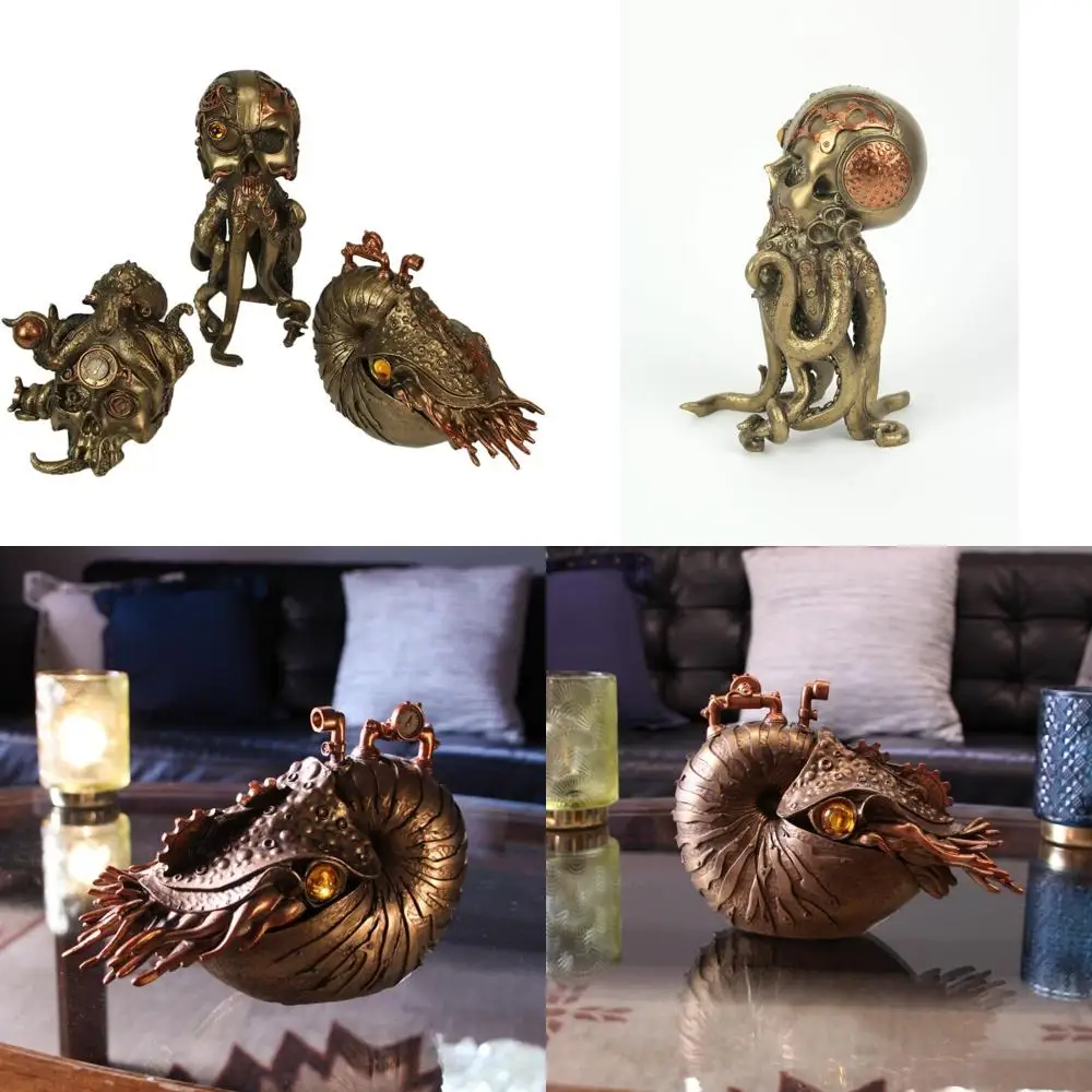 

Retro-Futuristic Oceanic Sculptures: Steampunk Nautilus, Octopus Skull Fusion, Post-Apocalyptic Skull Statues with Bronze Finish