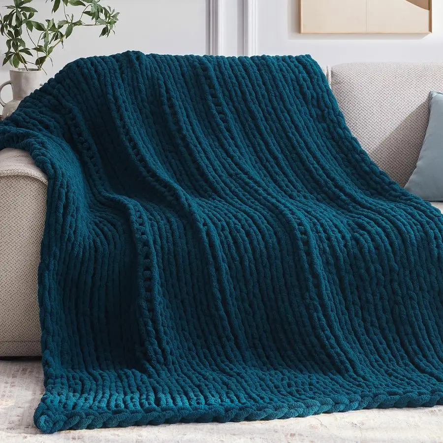 

Knit Throw Blanket, 5060 Knitted Throw Chenille Yarn for Bed Couch, Handmade Peacock Blue Crochet Big Thick Blanket, Machine Was