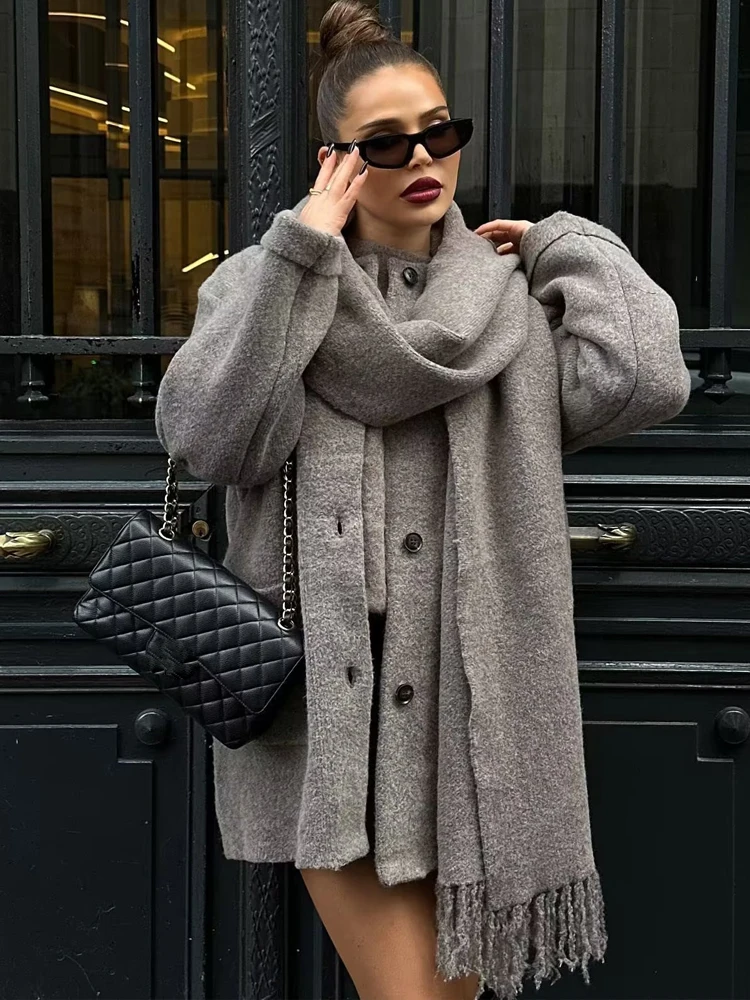 

BKQU модные теплые куртки с шарфом и воротником, женские элегантные однобортные шерстяные пальто с двойным карманом, осенне-зимнее шикарное женское пальто