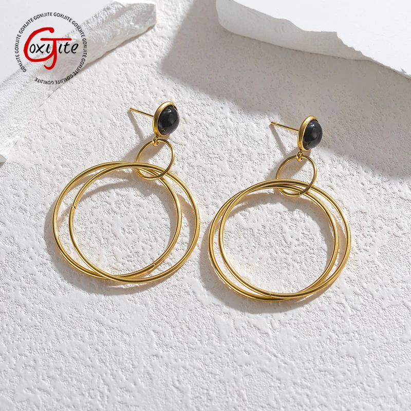 Goxijite Fashion New Style Gold Stud Round Earrings For Women Stainless Steel Black Stone Multilayer Hoop Earrings Jewelry Gift