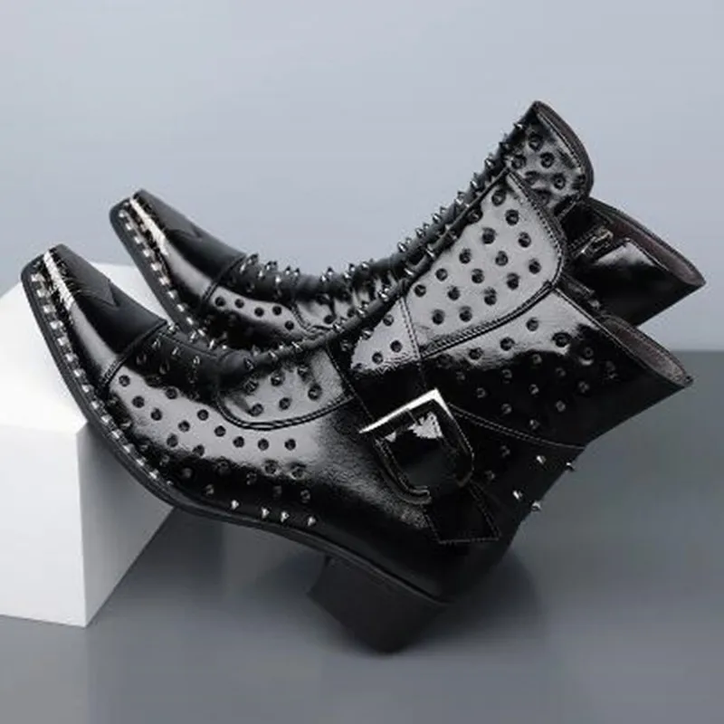 Men Pointed Toe Dark Punk Ankle Boots Studded Chunky Block Heel Side Zipper Plus Size 48 High Top Boots New Western Cowboy Boot