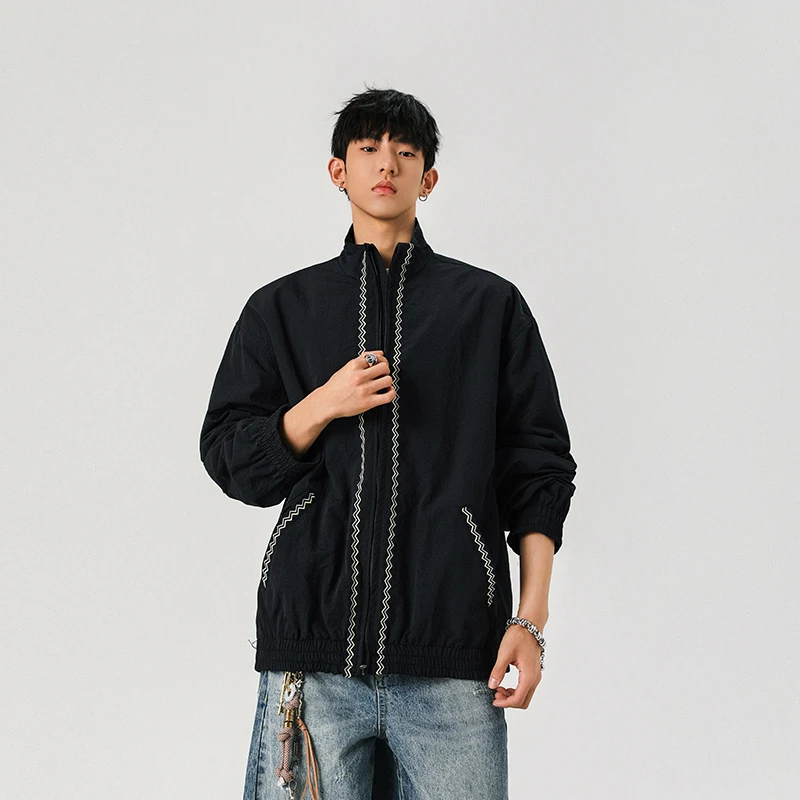 

TANGZ STUDIO American Retro Embroidered Loose Stand Collar Jaet Men's Casual Top Youth Faion Spring Autumn Outerwear