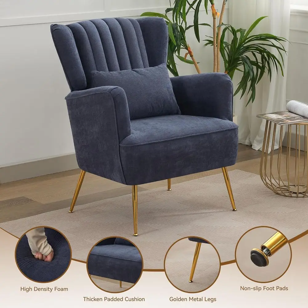 ชุดเก้าอี้โซฟาสีกรมท่าสไตล์โมเดิร์นยุคกลางศตวรรษ 2 ชิ้นพร้อมเบาะหนาและขาสีทองเพื่อการใช้ชีวิตที่สะดวกสบาย