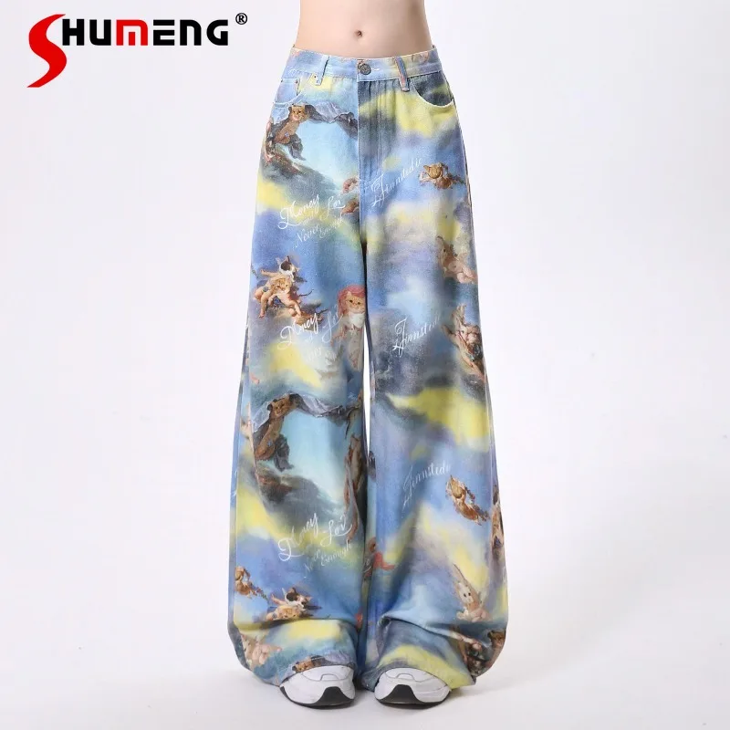 Overalls Women's Autumn American Style Angel Cartoon Oil Painting Printed Wide-Leg Pants Y2k Clothes Loose Casual Long Trousers