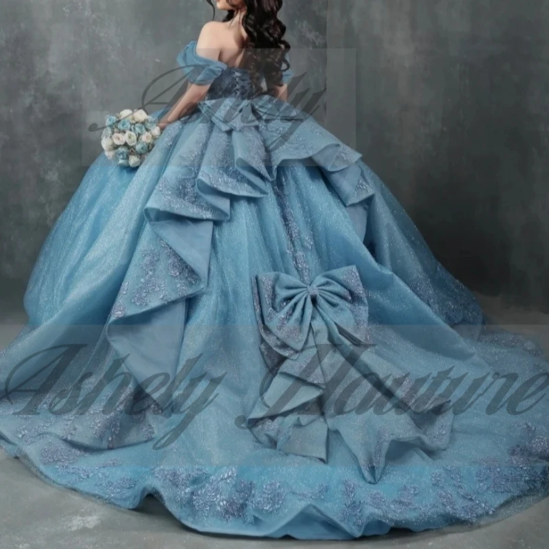 Dostosowane High End Mexico Women Birthday Party Dress Prom Occasion Wear Lace Applique Bow Puffy Skirt Sweet 15 16 Quinceanera