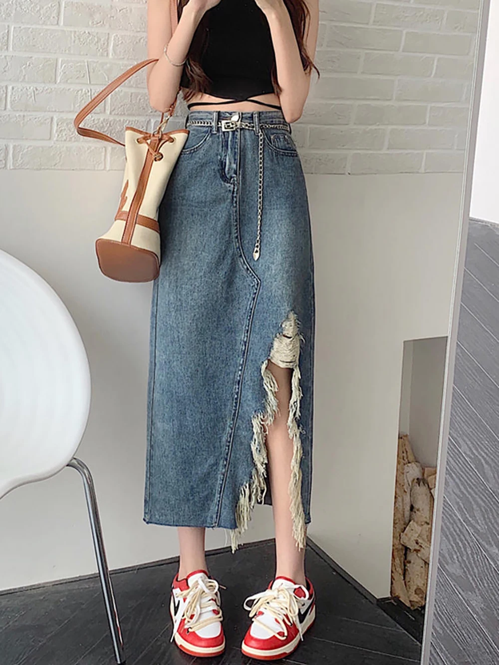 

Oversize Women Denim Skirts 2024 New Summer High Waist Slim Mid-Long Irregular Tassels Split Skirt Fashion A-line Jean Skirts ﻿