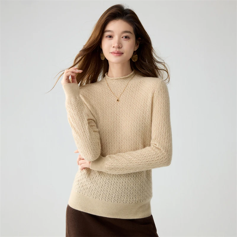 Autumn Winter Women's 100% Cashmere Sweater Pullover Plain Ruffled Mock Neck Diamond Openwork Timeless Romantic Regular Knit Top