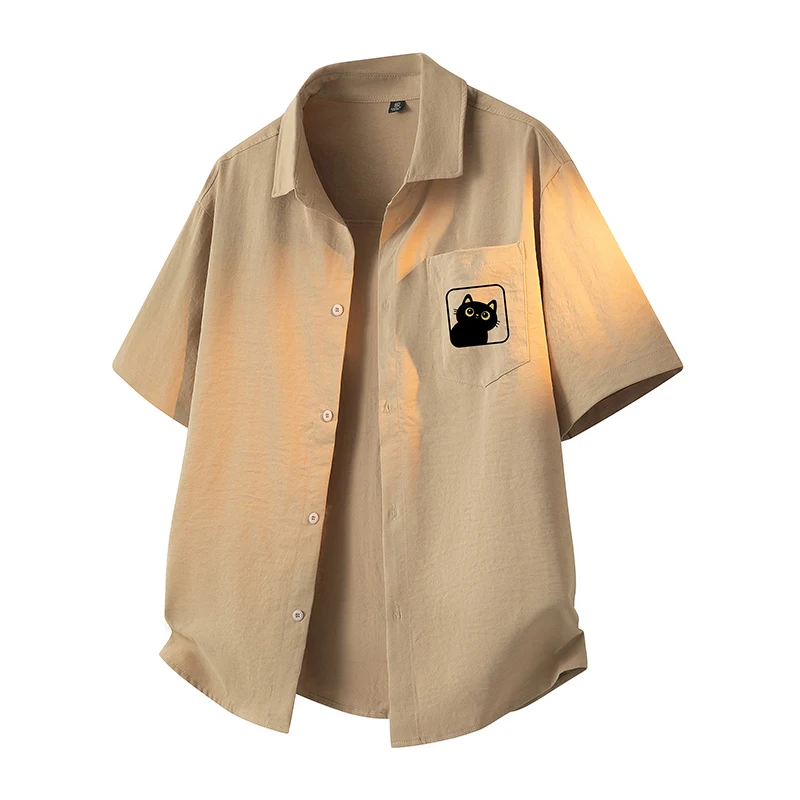 New product - Summer short-sleeved shirt with cat print, loose and simple short-sleeved collar coat, cool short shirt top